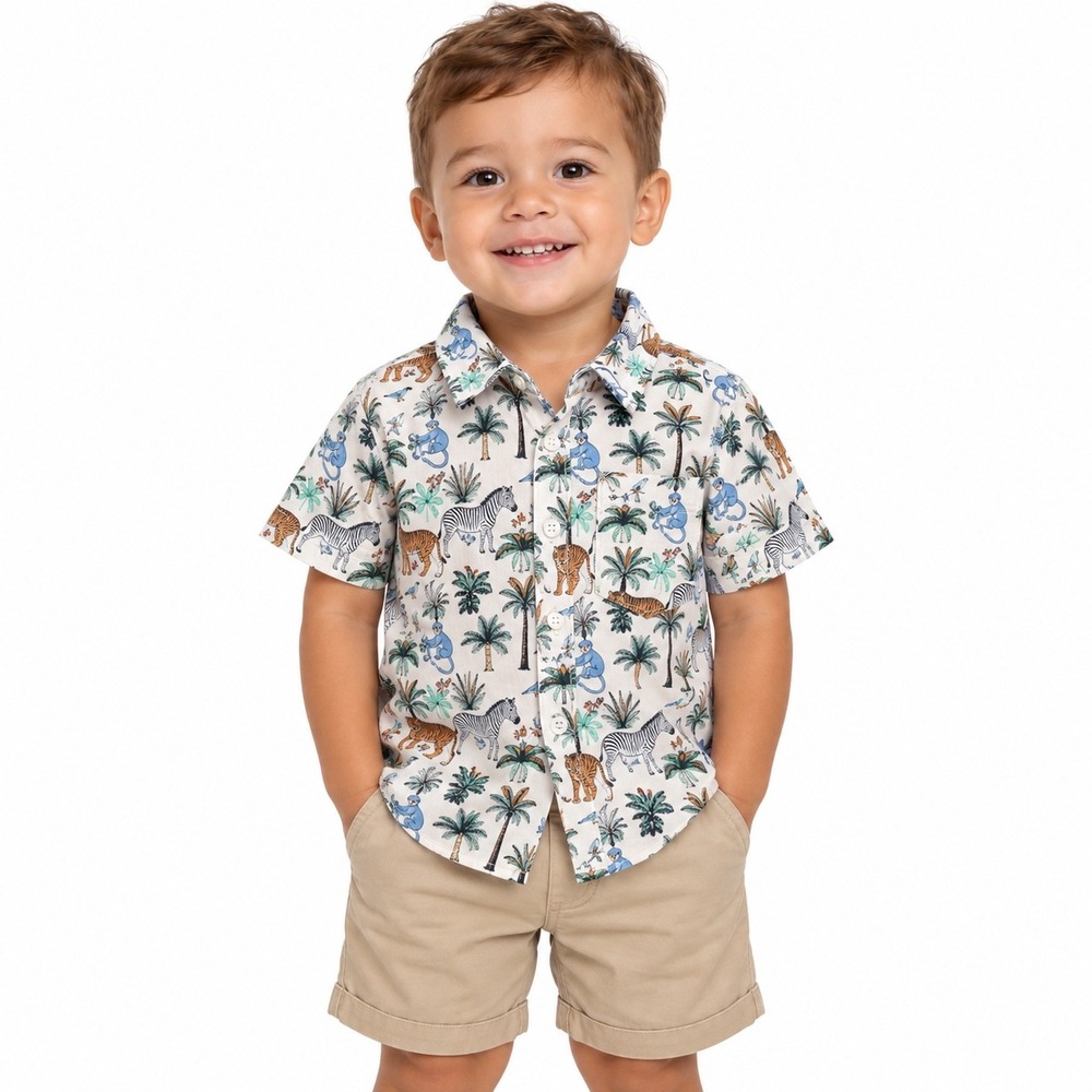 Alex & Jack Toddler Boys Safari Animal Print Button Down Shirt 2T Cream Safari